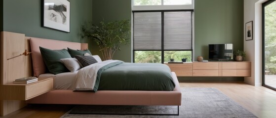 A stylish bedroom featuring green accents, modern decor, natural light, and cozy atmosphere. Ideal for inspiration in contemporary interior design and home decoration.