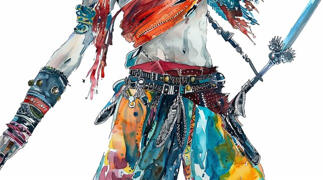 Sword swallower costume with a sword belt,Clipart, watercolor illustration, Perfect for nursery art The style is hand  drawn, white background