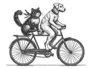 Obraz premium dog and cat riding a bicycle together, capturing a whimsical and playful scene with vintage flair sketch engraving generative ai raster illustration. Scratch board imitation. Black and white image.