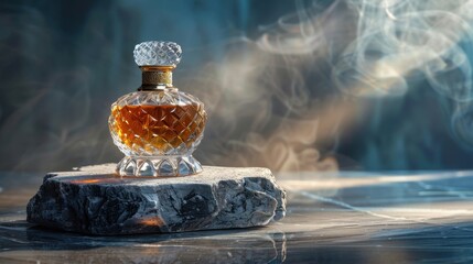 Elegant Crystal Perfume Bottle with Smoky Background on a Stone Surface in Soft Lighting