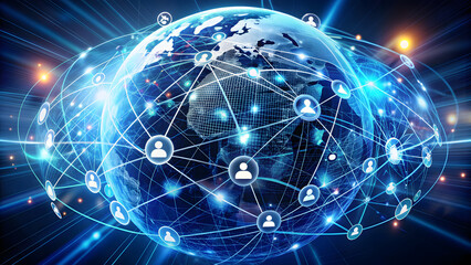 Fototapeta premium A digital globe surrounded by interconnected lines representing international networks. Various icons for communication tools, such as emails, chat apps, and video calls, orbit the globe, illustrating