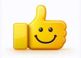 A bright yellow thumbs up icon with a smiling face, symbolizing excellent customer experience, positive review, and satisfaction, conveying a sense of happiness and mental well-being.