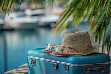 Blue suitcase with a hat and sunglasses. This photo is ideal for travel agencies, travel blogs, or any website focused on vacation planning.