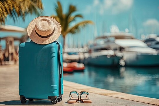 Blue suitcase with a hat on top and sandals nearby. A perfect image for travel blogs or articles about summer vacations.
