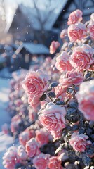 Digital pink roses snow drenched bushe abstract graphic poster background