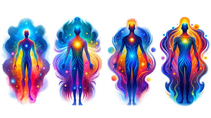 generative illustration. A set of four enlightened heavenly entities angels yogis saints