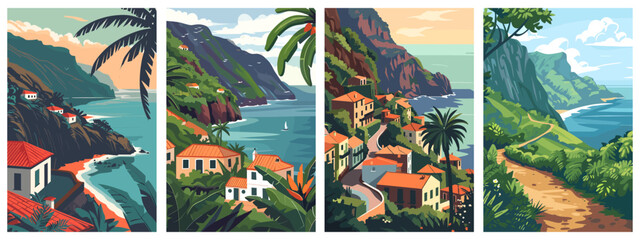 Madeira landscape posters set. Travel destination journey tourism concept. Traditional low rise buildings sea view palm trees rocky slopes. Vector flat cartoon minimal style illustration