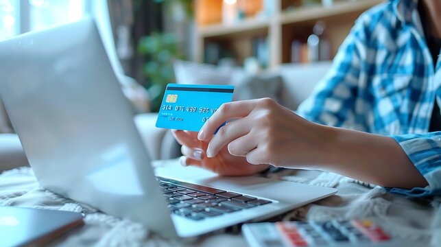 A close-up of a person making an online purchase on a laptop with a credit card, fingers typing on the keyboard, digital screen glowing, cozy indoor lighting, hd quality, natural look.
