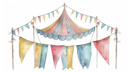 Circus banners strung across the arena,Clipart, watercolor illustration, Perfect for nursery art The style is hand  drawn, white background