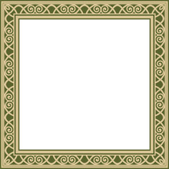 Vector gold and green square classic renaissance ornament. Endless european border, revival style frame
