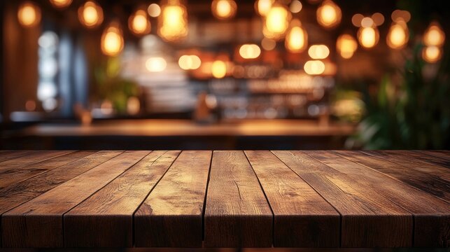 Empty wooden table with blurred bar background. Perfect for showcasing products or beverages in a pub or restaurant setting.