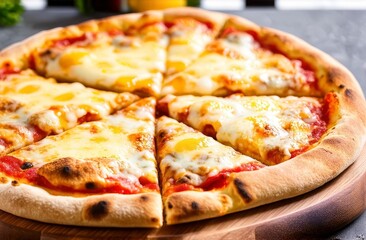A photo of a juicy mouth-watering pizza on a wooden board. Eating cheese pizza to advertise the menu, pizzeria, top view.