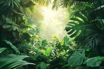 Lush green tropical foliage creates a natural frame with sunbeams peeking through.