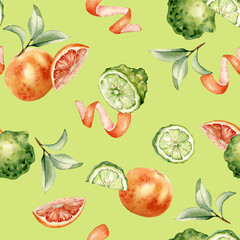 Citrus grapefruit and bergamot fruits slices and leaves on watercolor seamless pattern isolated. Hand drawn ripe plants with bright orange green peel in botanical sketch style for textile, package