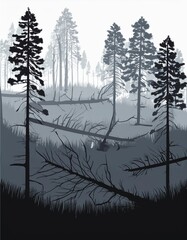 Broken forest landscape. Fallen trees silhouette. Natural scene after storm. Destroyed wood panorama. Marsh drawing. Vector illustration