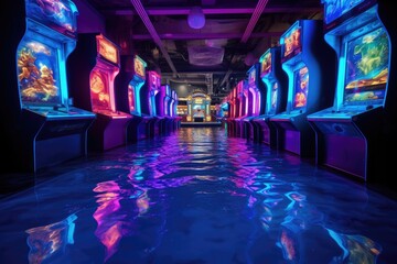 Aqua Arcade: Arcade games with water elements and vibrant lights.