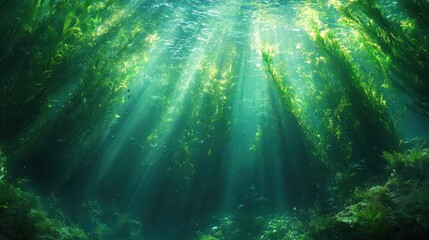 Fototapeta premium Sunlight Beams Through Underwater Kelp Forest