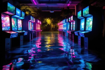 Obraz premium Aqua Arcade: Arcade games with water elements and vibrant lights.