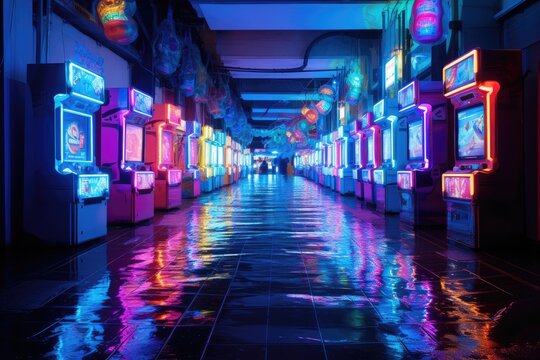 Aqua Arcade: Arcade games with water elements and vibrant lights.