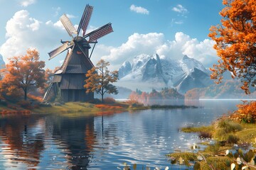 Serene Autumn Landscape with a Windmill and Majestic Mountains