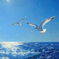 Fototapeta premium Two birds gliding above the sea, wings wide, clear blue sky, sunlight sparkling on water, vibrant and graceful, dynamic movement, serene setting
