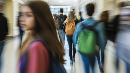 A blurred photo of students walking in the school building