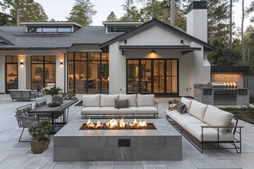 Modern farmhouse outdoor patio with light grey marble flooring, black walls and roof, wood furniture, natural stone fire pit, built-in couches, and bar table, near forested backyard and water 