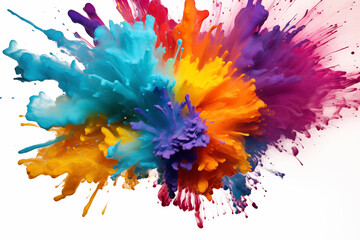 An explosion of multicolored paint splashes captured in mid-air, representing creativity, energy, and the vibrancy of artistic expression.