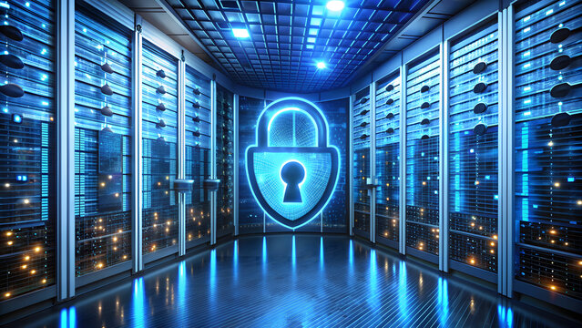 A secure server room with digital padlocks and a firewall shield graphic. A glowing lock icon and encrypted data streams convey the importance of cybersecurity in protecting business data.