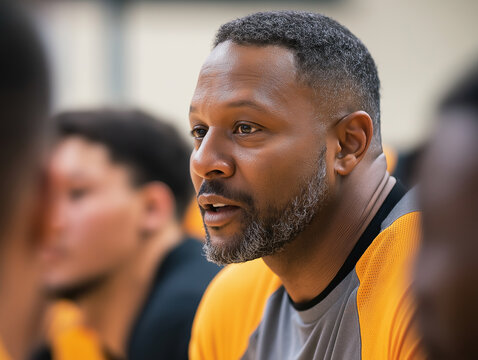A basketball coach giving instructions to his team during a timeout, highlighting leadership, strategy, and mentorship.