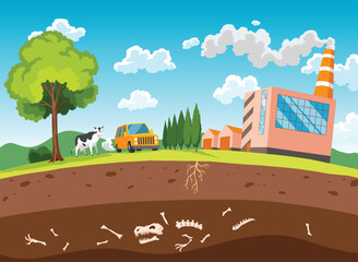 Carbon cycle, part of the biogeochemical cycle. Science education concept illustration with nature farm landscape and soil layer. Soil carbon with greenhouse gases absorption
