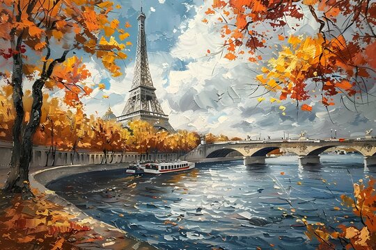 Autumn in Paris: A Vibrant View of the Eiffel Tower and Seine River