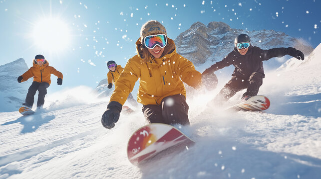 A group of snowboarders racing down a snowy mountain slope under a bright sun, capturing the thrill and excitement of winter sports in an alpine setting.