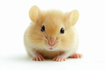 A close-up of a tiny cream-colored rodent with large black eyes and delicate whiskers, sitting against a white background. The image highlights the cuteness and offers copy space.