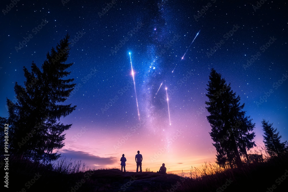 Wall mural three people stargazing on a clear night sky with shooting stars