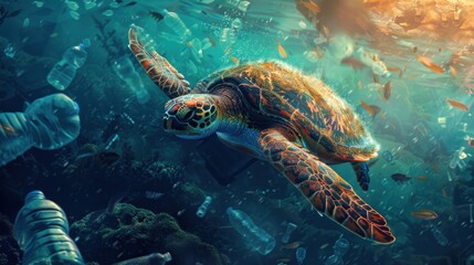 Obraz premium Sea Turtle Amidst Plastic Pollution
