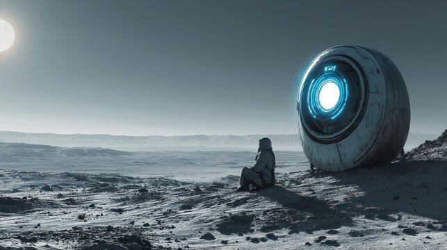 A lone figure contemplates the unknown, standing before a mysterious futuristic spacecraft on a desolate alien landscape.