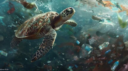 Fototapeta premium Sea Turtle Swimming in Plastic Pollution