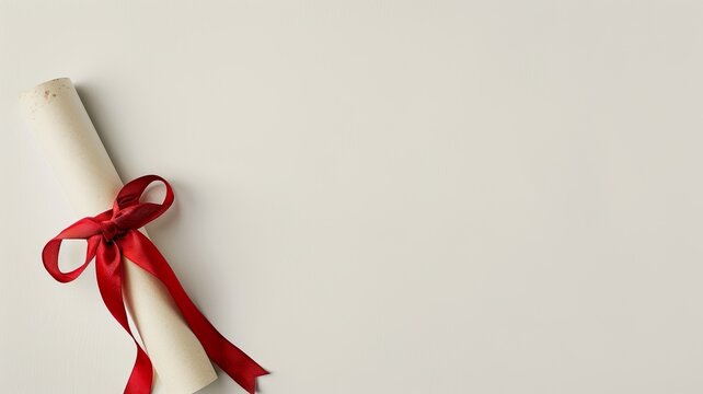 A rolled diploma tied with a red ribbon lying on a white background with copy space