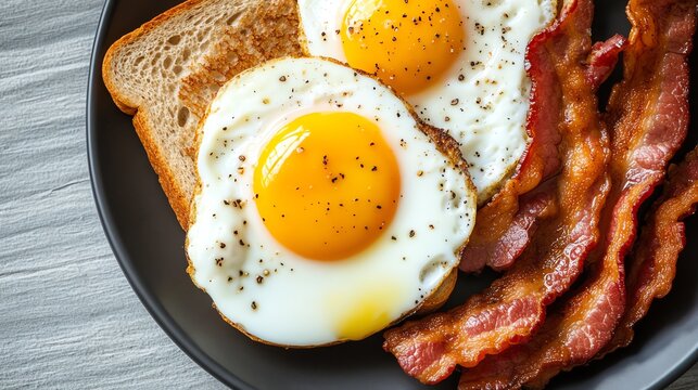 Classic American breakfast with fried eggs, bacon, and toast