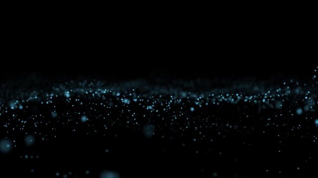 Blue shiny particles fly black background. Abstract technology texture pattern. Seamless loopable light pieces float air. Beautiful dark mock up design. Glitter flow intro. Gliter sparks glow mockup.