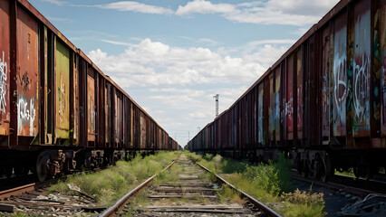 Obraz premium A line of abandoned freight cars sitting on unused tracks, covered in graffiti and rust