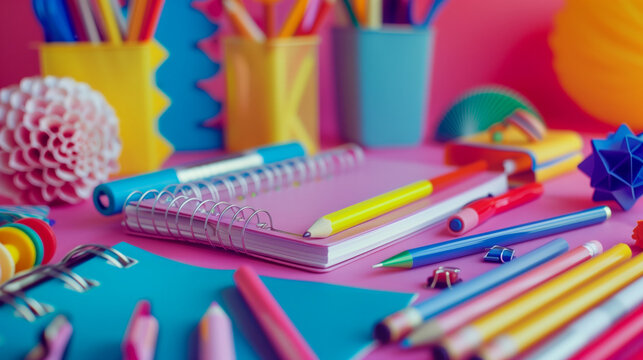 Colorful assortment of stationery, notebooks, pens, and pencils spread out on a vibrant pink desk.