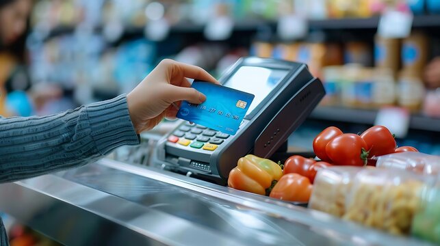 A person using a credit card at a self-checkout kiosk, grocery items in the background, modern store environment, clean lighting, hd quality, natural look.  --ar 16:9 --v 6.0 --sref https://s.mj.