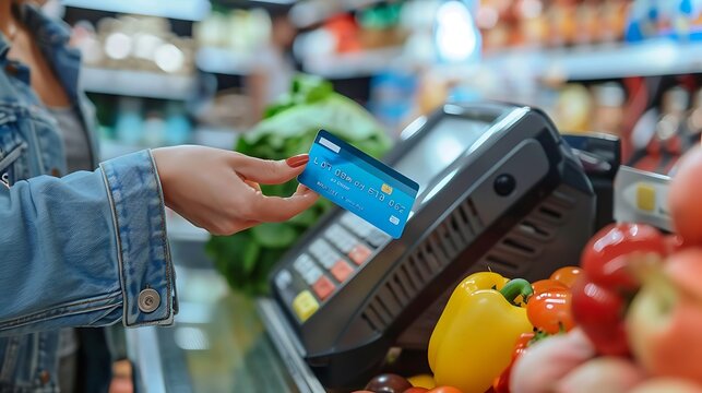 A person using a credit card at a self-checkout kiosk, grocery items in the background, modern store environment, clean lighting, hd quality, natural look.  --ar 16:9 --v 6.0 --sref https://s.mj.