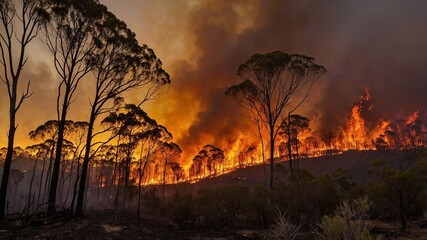 Sunset view of a severe bushfire raging through a forest.