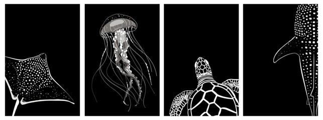 Marine animals posters print set. Sea turtle jellyfish eagle ray whale shark. Stylish monochrome dark background. Underwater life ocean and sea creatures. Wall art decor. Place for text. Vector