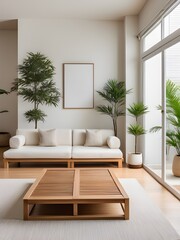 Fototapeta premium Mockup frame in living room Japandi interior style background, mockup frame design, frame mockup