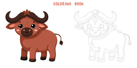 Coloring book of cute African wild buffalo in scandinavian style isolated on white background. Coloring page of pretty animal. Vector cartoon illustration.