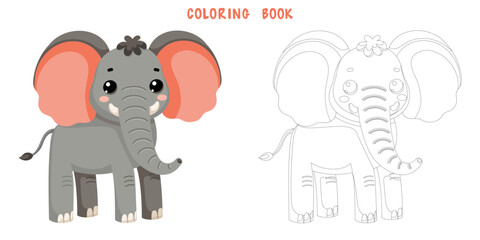 Coloring book of cute African wild elephant in scandinavian style isolated on white background. Coloring page of pretty animal. Vector cartoon illustration.